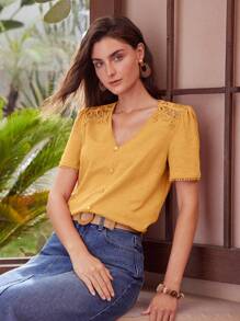 MOTF PREMIUM CAMISETA DE ENCAJE GUIPUR DE CONTRASTE - Amarillo - Ver 8