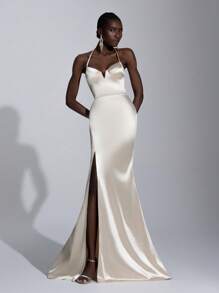 Elitara Elegant And Gorgeous Champagne Color Luxurious Satin Sling Steel Ring V-Neck High Waist Slim Sexy Split Fishtail Skirt Tail Suitable For Dating Single Party Formal Occasion Dinner Dress - Champagne - View 7