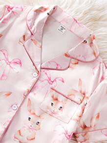 Ensemble de détente en 2 pièces pour préadolescentes, comprenant un Top à manches courtes en faux soie avec imprimé lapin et nœud papillon, et un short. Confortable - Rose bonbon - Voir 5