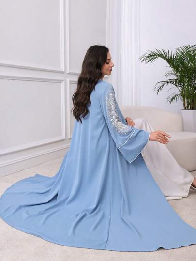 Al Najma 女式拼布亮片前开长袍 Abaya 外套，优雅端庄的长款全长奢华 Abaya，适合晚会/婚礼嘉宾/周年纪念