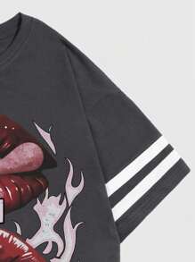 ROMWE MEN Prep Men's Street Lips Printed 350g Suede Fleece Contrast Mesh Pocket T-Shirt - Dark Grey - View 4