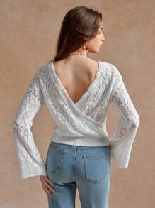 Écloséra 法式修身圆领长袖镂空米色针织套头衫女款，春夏针织套头衫秋冬 - 米色 - 查看 3