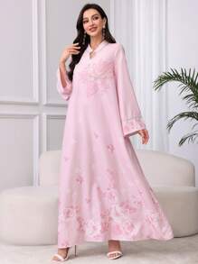Al Najma V-Neck Splice Silver Trim Ribbon Embellished Beaded Floral Arabic Dress,Modest - Pink - View 6