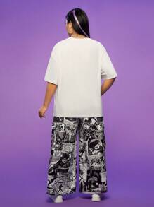 CATWOMAN X SHEIN Traje de talla grande con diseños grandes, camisetas holgadas, mono estampado, pantalones de pierna ancha, bolsillos grandes, estilo cómics estadounidenses, adecuado para ir de compras, blanco, traje de dos piezas CATWOMAN X