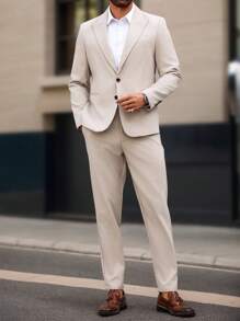 Manfinity Mode Conjunto de blazer y pantalones de color liso con cuello de solapa y manga larga para hombres de talla grande - Caqui - Ver 1