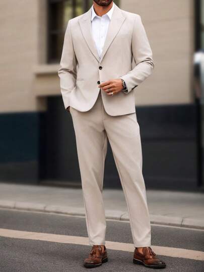 Manfinity Mode Plus Size Men's Solid Color Lapel Neck Long Sleeve Blazer And Pants Suit Set