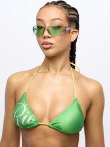 SUMWON WOMEN Rio Collection Halter Neck Triangle Bikini Set With Logo Detail, Brazilian Cut Bottom, Double String Design, Summer Beach Swim Two-Piece - Multicolor - View 5