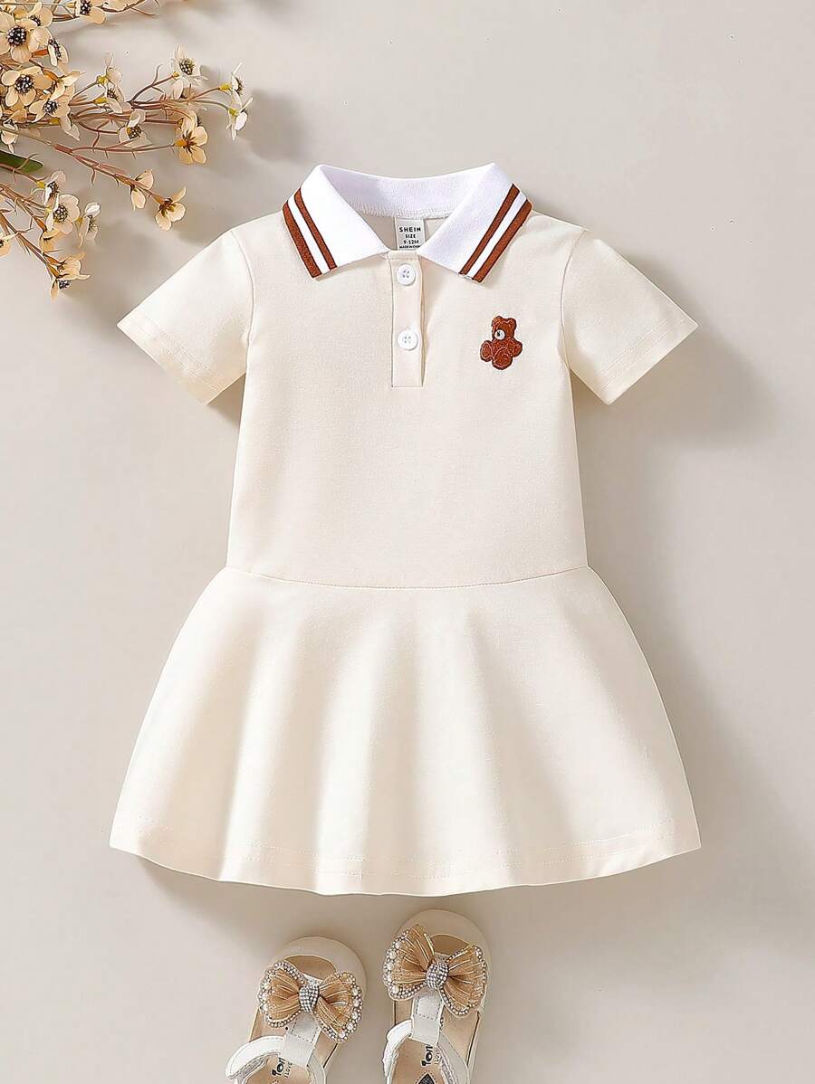 Souflis Souflis Baby Girls' Casual Embroidered Bee Pattern Polo Collar Dress, Summer - Apricot - View 1