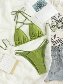 Swim Vcay Bộ đồ bơi bikini dây mảnh gợi cảm màu trơn thông thường dành cho nữ, mùa hè - Màu xanh Ô liu - Xem 5