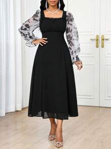 SHEIN Lady Abito lungo floreale elegante da donna in stile resort, in chiffon stampato, completo estivo per donna, abito da donna elegante per Pasqua, stile boho europeo, elegante abito casual da donna per vacanze estive, abito da donna casual per Pasqua, abaya donna per vacanze - nero - Visualizzare 3