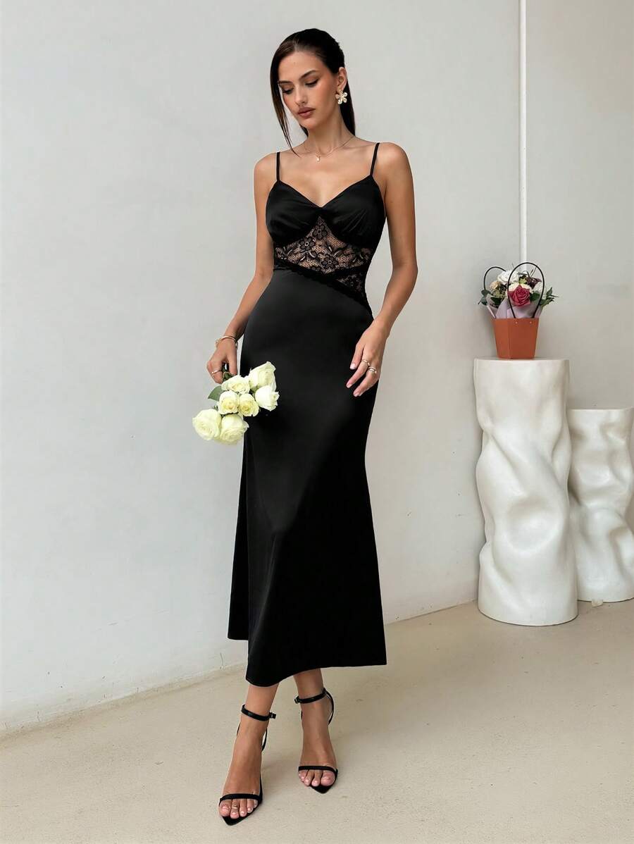 SHEIN VCAY Vestido de verano para mujer con cuello en V, empalmado de encaje en la cintura y línea A, atuendo para asistir a la boda, la tarde de té o el regreso a la escuela