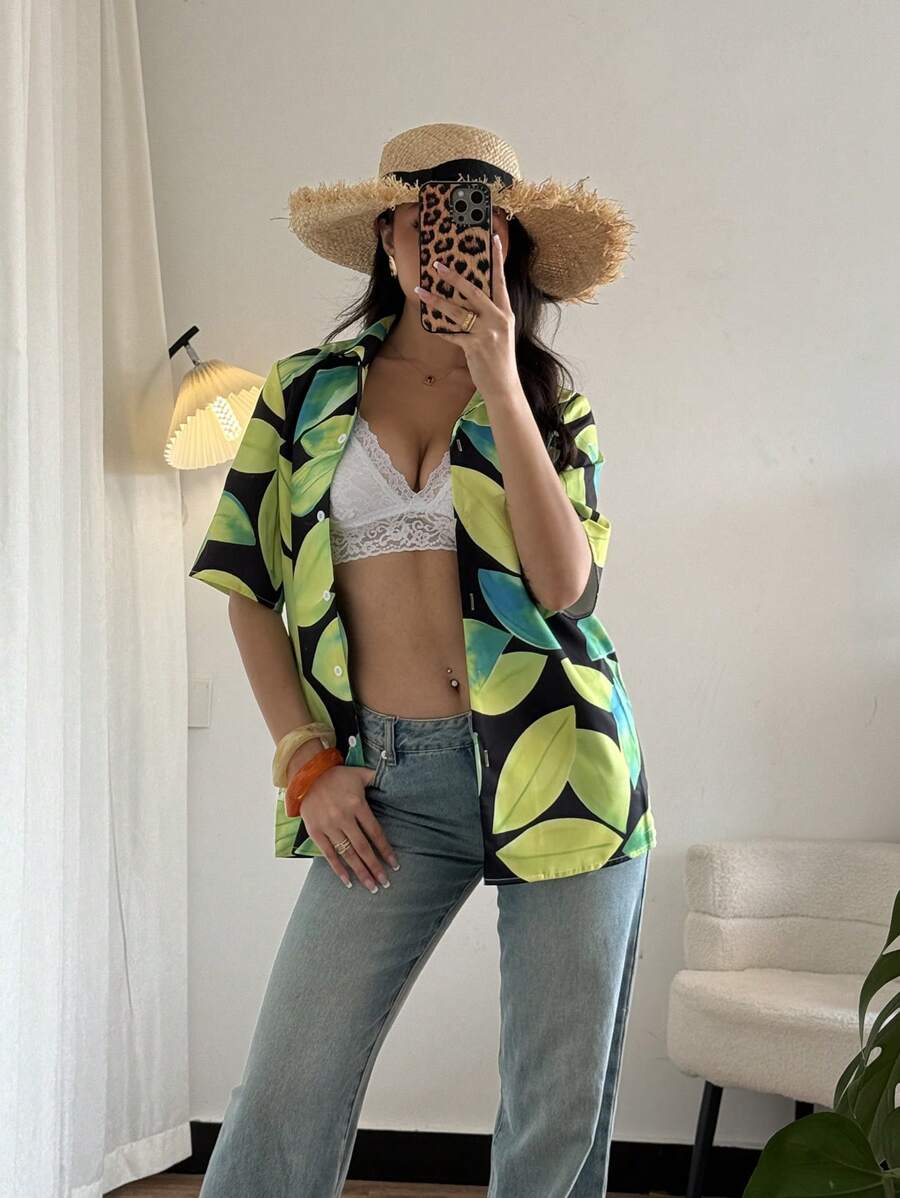 Breezaya 女士热带植物叶印花度假衬衫 - 綠色 - 查看 1