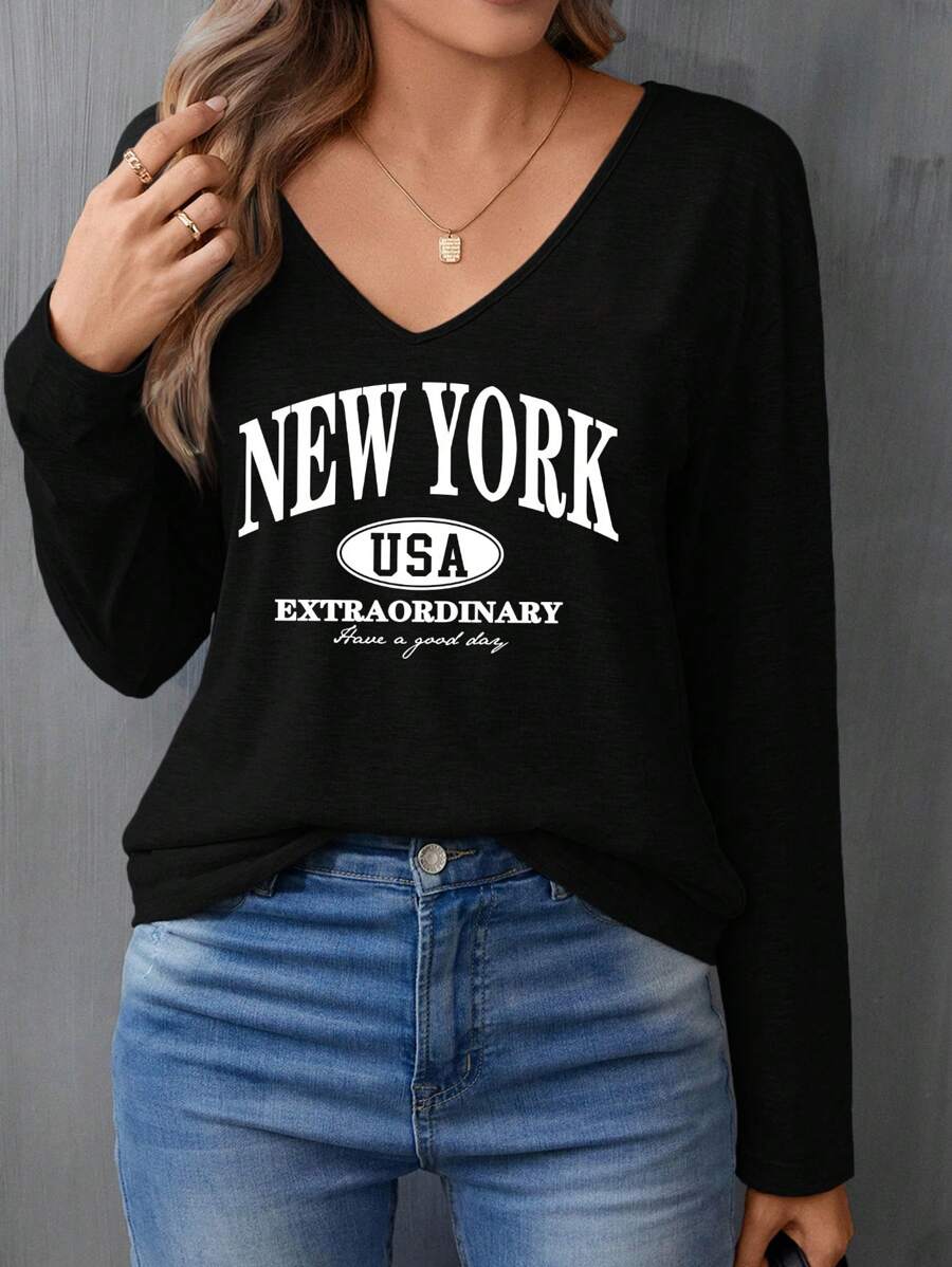 SHEIN LUNE Casual Minimalist New York Letter Print Regular V-Neck Long Sleeve Women T-Shirt, Suitable For Spring & Summer Fall Clothes,Casual - Black - View 1