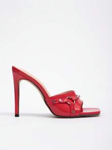 CUCCOO GRLICON 女士性感时尚铆钉装饰方头细高跟穆勒鞋，休闲百搭红色高跟凉鞋 - 紅色 - 查看 3