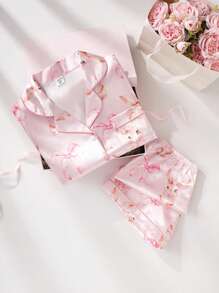 Ensemble de détente en 2 pièces pour préadolescentes, comprenant un Top à manches courtes en faux soie avec imprimé lapin et nœud papillon, et un short. Confortable - Rose bonbon - Voir 4