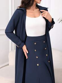 Modelyn Lässige einfarbige Windjacke mit Langarm und doppelreihiger A-Linie Rock 2-teiliges Set für Frauen, elegantes 2-teiliges Set - marineblau - Übersicht 3