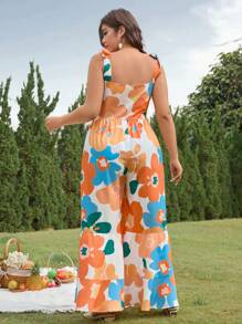 SHEIN Clasi Combinaison grande taille à imprimé floral, épaules nouées avec jambe ample, pour les vacances - Multicolore - Voir 2