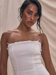 MUSERA Distressed Bandeau Cinched Waist Denim Top Spring Summer Cute Boho, Elegant, Holiday Soft Serve Ibiza Concert Streetwear Going Out Night Out Date Night Casual White Fall Autumn Winter Fall Winter  Chic - White - View 4