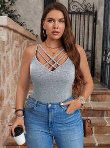 SHEIN LUNE 大码女式纯色休闲交叉吊带背心 - 淺灰色 - 查看 1