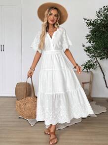 EMERY ROSE 女士度假蜡染刺绣 V 领休闲长裙 - 白色 - 查看 4