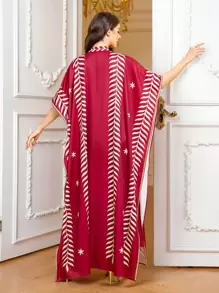 SHEIN Wine Red Women's Elegant Printed Long Dress With Long Jacket And Belt, 3-Piece Set,Modest - Burgundy - View 2