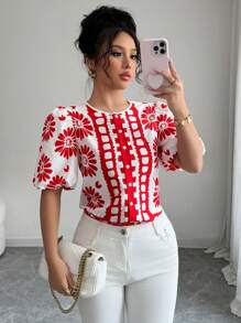 Chiquease Camisa de mujer de mangas cortas abullonadas con cuello redondo y estampado floral para vacaciones - Multicolor - Ver 3
