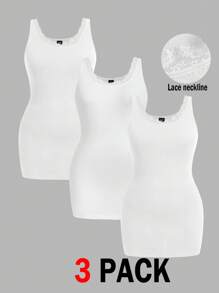 SHEIN Essnce Plus Size Women Solid Color Contrast Lace Round Neck Camisole - White - View 3