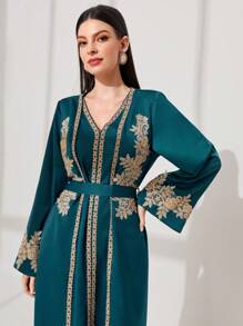 Al Najma Gorgeous & Elegant Embroidered Floral Trim Bell Sleeve Robe Abaya Dress, Modest Kaftan - Teal Blue - View 3