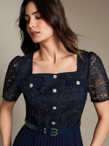Anewsta Spitzen-Patchwork Chiffon Swing A-Linien Kleid, elegantes neues Design mit kurzen Ärmeln für Damen - marineblau - Übersicht 3