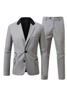 Manfinity Mode Plus Size Men's Colorblock Lapel Neck Blazer And Pants Suit Set