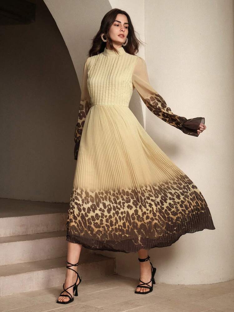 Vacation Vibe Leopard Gradient Print Pleated Women Dress