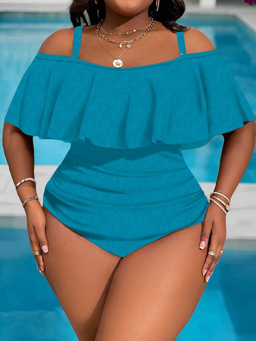 Slaydiva Traje de baño de una pieza con hombros descubiertos y volantes de unicolor para mujer de talla grande - Azul menta - Ver 1