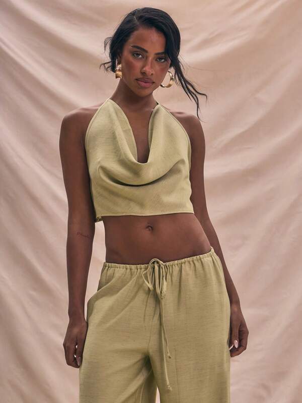 MUSERA Top de lino con cuello de halter drapeado, tirantes y estilo sexy boho, ideal para vacaciones, festivales y salidas nocturnas