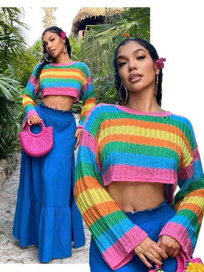 SHEIN SXY Suéter corto de punto casual de manga larga y cuello redondo con rayas para mujer