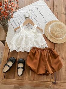 LMoss Kids Conjunto de 2 piezas para niña LMoss: Blusa de cuello cuadrado con volantes en unicolor y pantalones cortos tejidos ajustados, ropa de primavera y verano - Multicolor - Ver 5