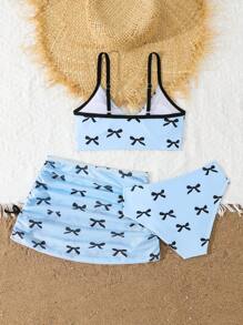 SHEIN Set de 3 piezas Bikini estampado para niña preadolescente - Azul - Ver 2