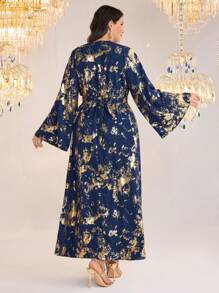 Al Najma Vestido largo de estilo árabe con estampado de lámina de oro y mangas acampanadas para mujer de talla grande