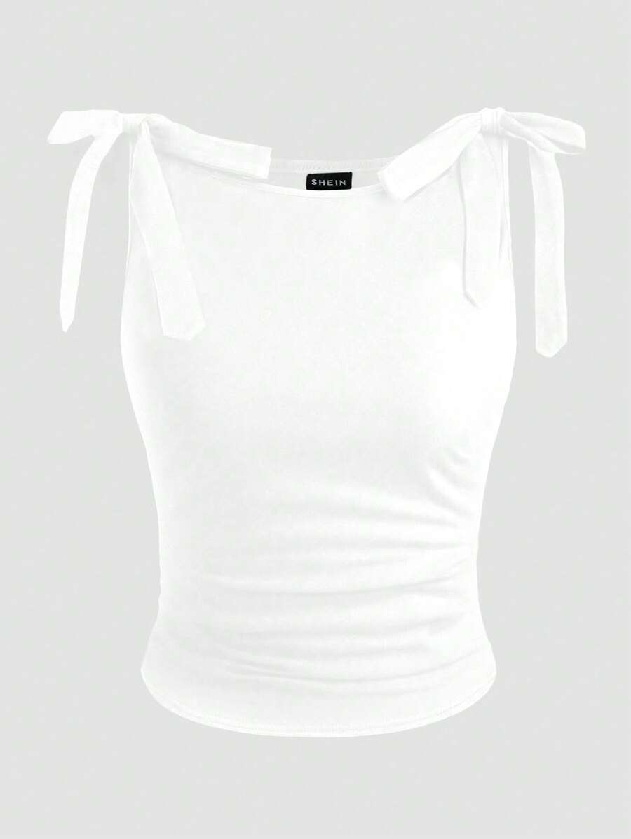 SHEIN Clasi Áo ba lỗ cổ tròn không tay mùa hè cho nữ màu trắng, thiết kế dây đeo vai thắt nơ, kiểu dáng ôm sát - trắng - Xem 1