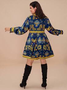 Travachic Plus Size Women's Tropical Plant Print Long Sleeve Dress, Vacation - Blue - View 2