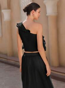 Aveloria Rosie Elegant Elegant Milady Valentine's Asymmetric Ruffle Shoulder Sleeveless Cropped Top For Women   Old Money Style For Summer Spring Fall Autumn - Black - View 5