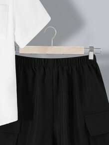 SHEIN Set de 2 bucăți Tween Boy, cămașă și pantaloni cargo, lejer - alb - Vizualizare 4