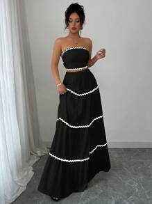 Rafferiza 2件套女士优雅拼接丝带抹胸上衣和裙子套装 - 黑色 - 查看 4