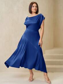 SHEIN Clasi Plus Size Women Spring Satin Asymmetric Ruffle Hem Elegant Dress,Formal Dresses For Women - Navy Blue - View 4