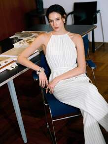 Chiquease 女士休闲商务系腰条纹挂脖无袖连体裤 - 白色 - 查看 5