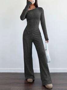 SHEIN Unity Damska wygodna asymetryczna koszulka z odkrytymi ramionami + szerokie spodnie z wysokim stanem, 2 sztuki, zestaw do codziennego noszenia w domu, zima