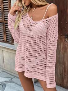 LanaWest Women's Vacation Solid Color Drop Shoulder Long Sleeve Casual Loose Cover Up Top For Summer