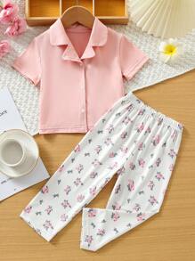 2pcs/Set Baby Girl Minimalist Style Short Sleeve Collared Top With Rose Color Pants Home Outfit Set - Dusty Pink - View 1