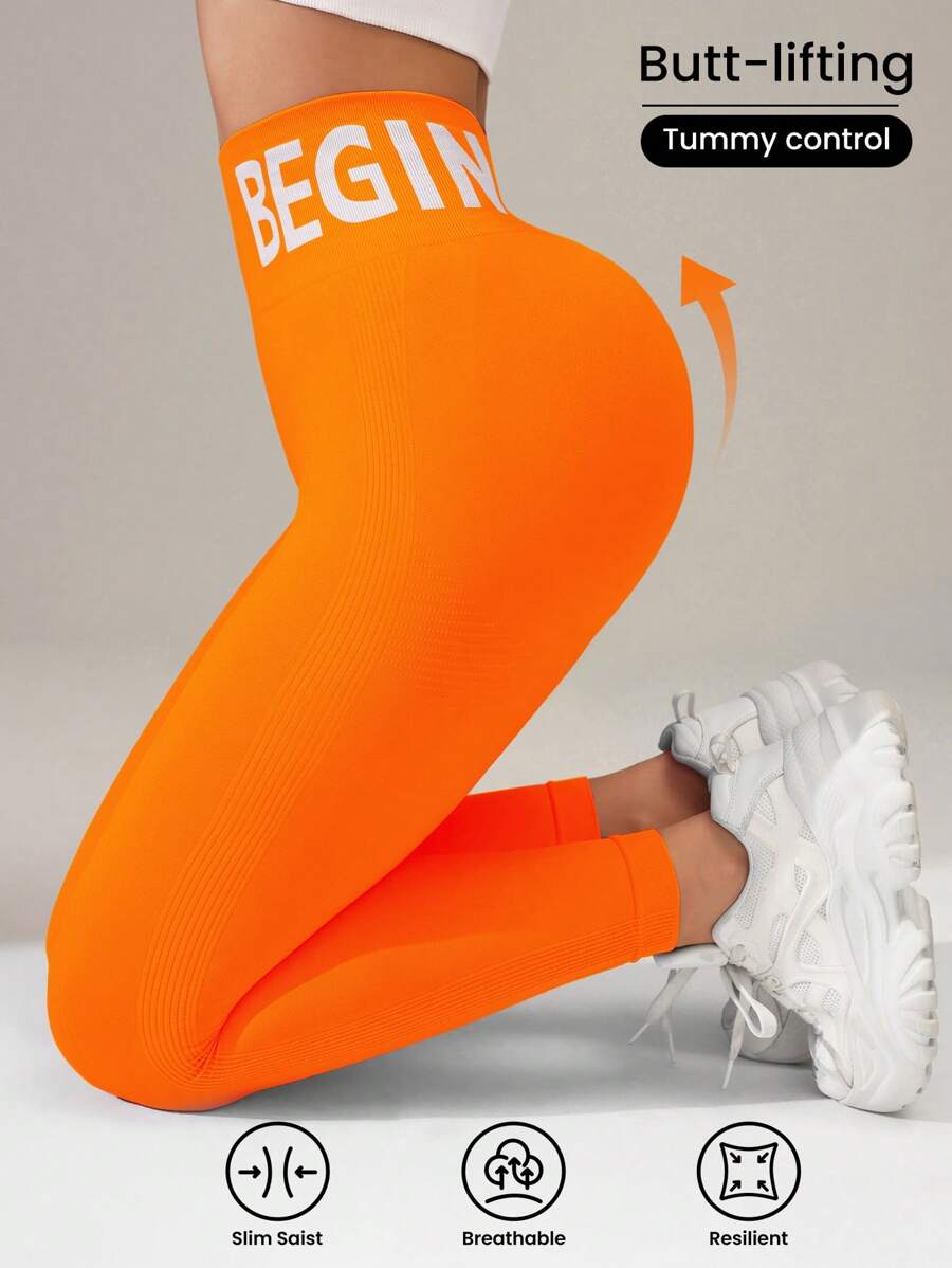 SHEIN Core Rhythm Sport Studio 女式高腰无缝修身紧身裤 - 弹性柔软透气四向拉伸紧身裤，适合跑步、骑行、瑜伽、泡菜球运动、休闲 - 橘色 - 查看 1