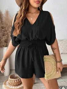 SHEIN LUNE Plus Size V-Neck Shirred Shirred Waist Jumpsuit