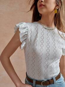 Écloséra Elegant White Round Neck Cap Sleeve Back Hollow Floral Lace Patchwork Bodysuit For Women, Spring/Summer - White - View 4